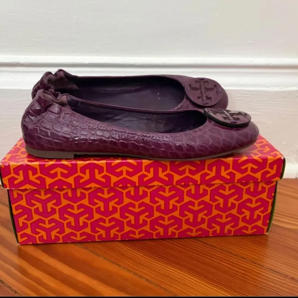 Tory Burch Reva Tonal Logo Patent Petit Dorothy Croc Ballet Flats in Sweet Plum